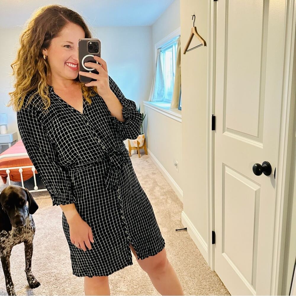 Anthropologie Maeve Navy White Striped Long Sleeve Belted Mini Dress Small - Picture 2 of 11
